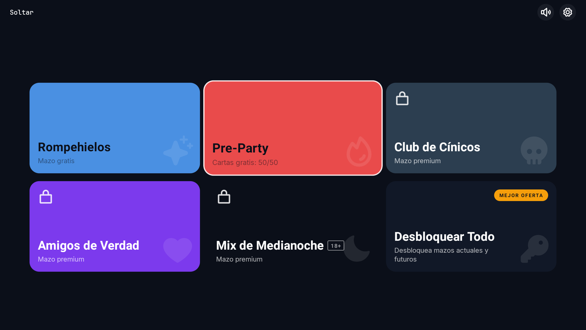 Cuadrícula de selección de mazos con seis tarjetas