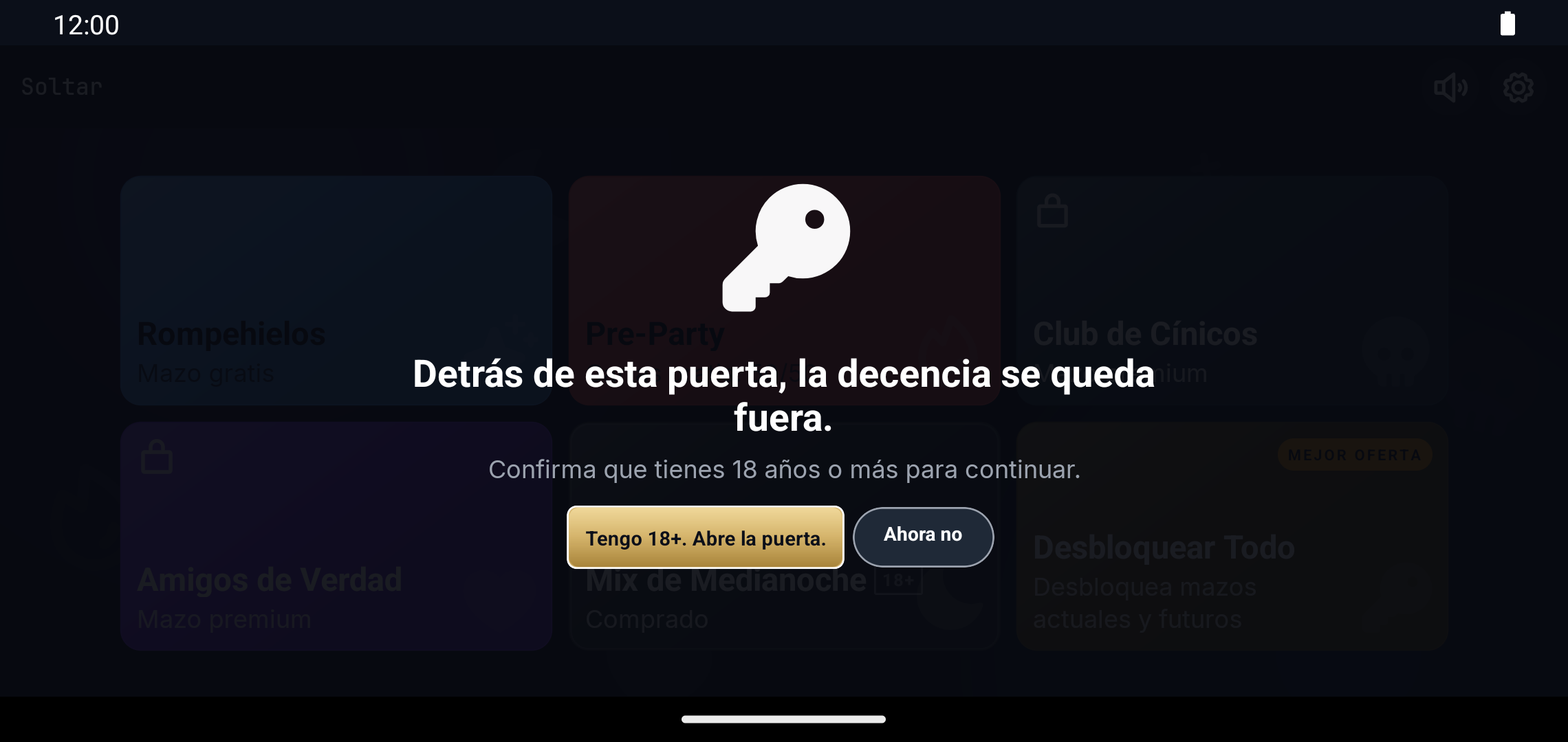 Pantalla de confirmación de edad del mazo Mix de Medianoche en un teléfono